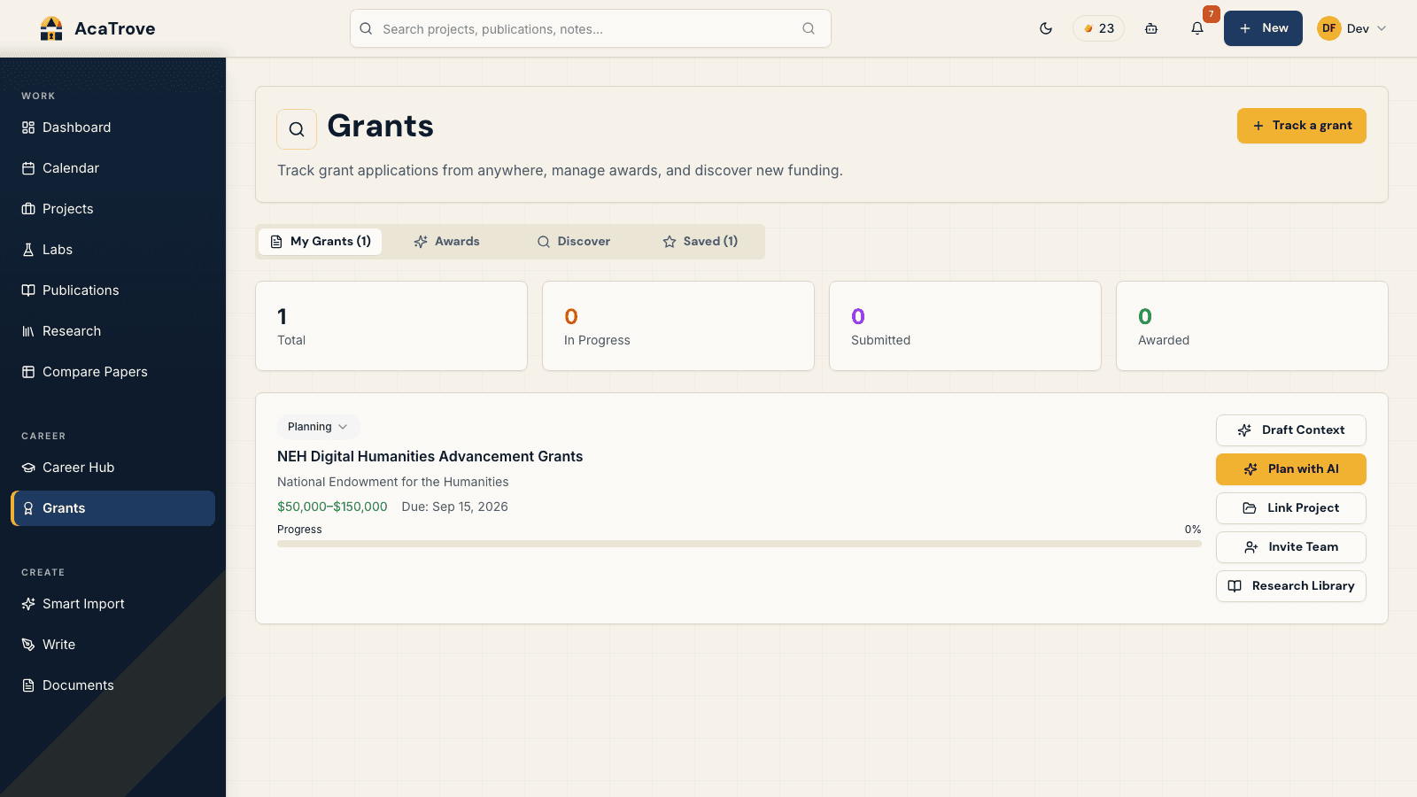 AcaTrove Grants workspace tracking an NEH application with deadline, award range, and AI planning actions